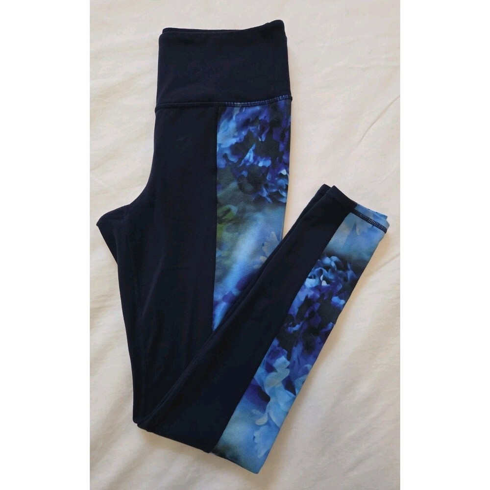 Athleta Chaturanga Leggings |Sz M| Navy Blue Watercolor Floral Bloom Side Panels